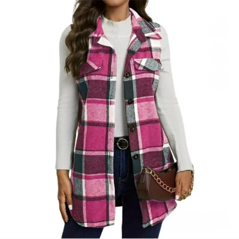 Precious Plaid Sleeveless Shirt/Vest/Shacket, In Pink/Black/White In Size M Or L
